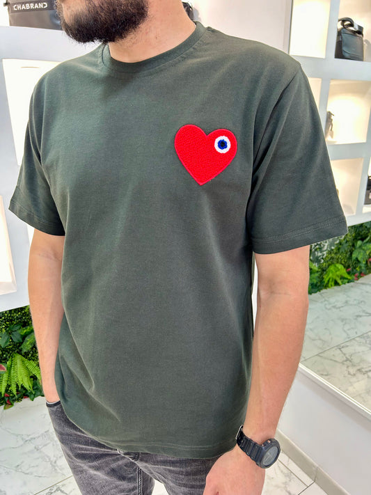 T-SHIRT COEUR KAKI/ROUGE