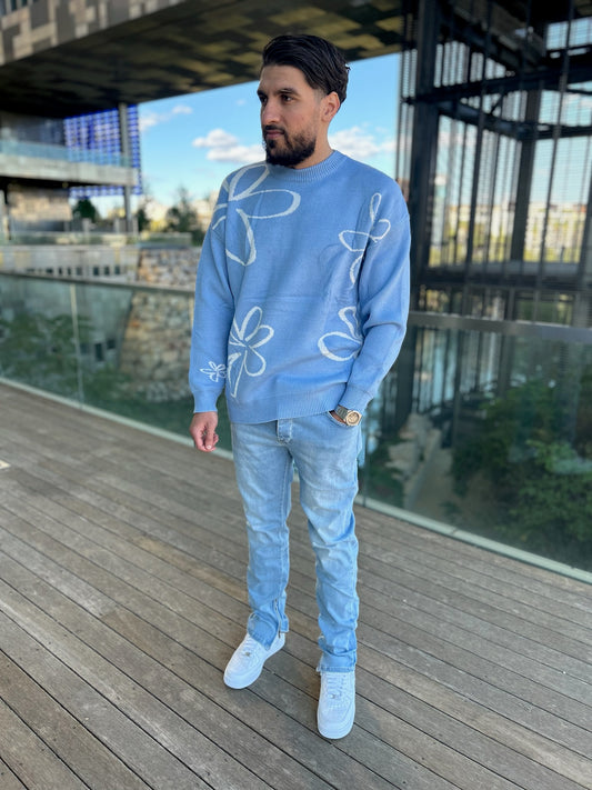 PULL FLEURS BLEU CIEL